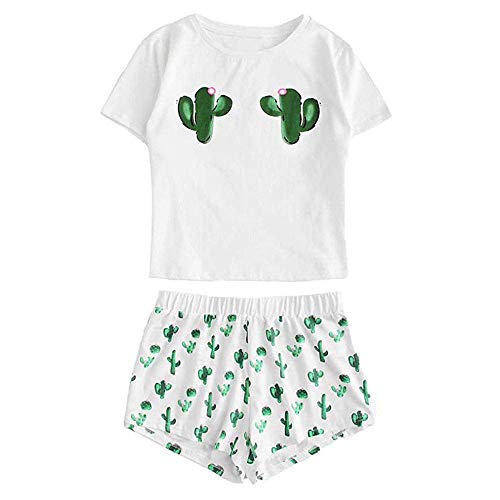 Schlafanzüge Für Damen Cactus Printed Pyjamas Set Baumwolle Mädchen Casual Shorts Kurzarm Rüschen T-Shirt Nachtwäsche Nachtwäsche Set Nachthemd Homewear Anzug Für Frühling Sommer Herbst Winter Cover