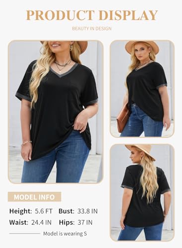 Eytino Women Plus Size Tops V Neck Short Sleeve Striped Causal Loose Blouse Shirts with Pocket(1X-5X)3