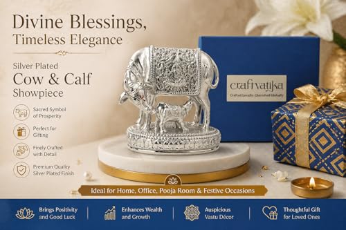 Image of CraftVatika 999 Pure Silver-Plated Kamdhenu Cow with Calf Idol Statue 2.5 Inch Vastu Home Decor for Pooja Room & Mandir, Home Decoration Items, House warming Gifts, Anniversary Wedding Gifts for Women