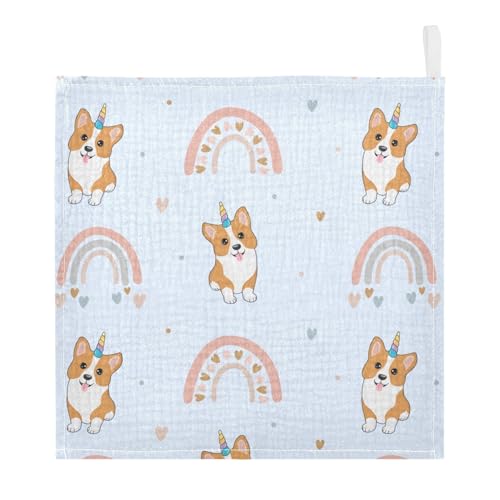 Image of vvfelixl Corgi Hearts Rainbows Baby Burp Cloths Baby Muslin Washcloths for Boys Girls Cotton Baby Face Towel for Newborn Infants Soft and Absorbent 11.8 X 11.8 in, 5 Pack