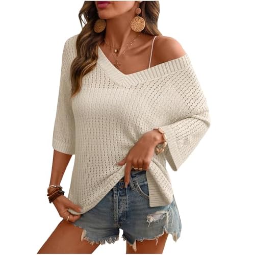 Rapbin Women's Crochet V Neck Beach Cover Up 3/4 Sleeve Hollow Out Knitted Pullover Sweater