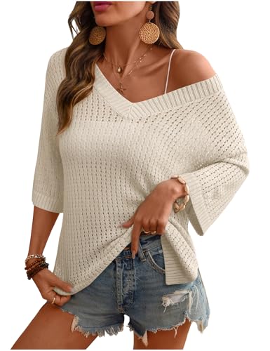 Image of Rapbin Women's Crochet V Neck Beach Cover Up 3 /4 Sleeve Hollow Out Knitted Pullover Sweater