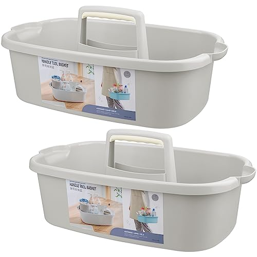 JiatuA Large Cleaning Supplies Caddy Portable Shower Basket Supply Organizer with Handle Plastic Bucket Tool Storage for Bathroom, Bedroom, Kitchen, College Dorm, Garden, Light Gray 2 Pack