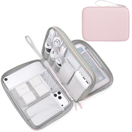 Image of FYY Electronic Organizer, Extra Large Travel Cable Organizer Bag Pouch Portable Waterproof Double Layers All-in-One Storage Bag for iPad, Cable, Power Bank, Laptop Charger for Office /Home, Light Pink