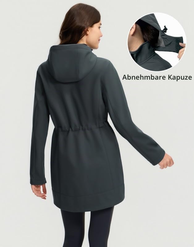 Pioneer Camp Softshelljacke für Damen Lang Fleece Softshellmantel mit Kapuze Wasserdicht & Winddicht Jackes Verstellbare Taille Regenparka mit ReißVerschluss Taschen für Wandern für Wandern Laufen
