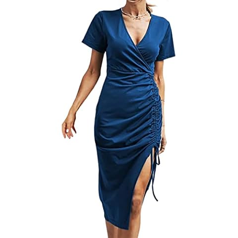 waliwoli Women V Neck Ruched Midi Casual Dress Short Sleeve Side Slit Wrap Dress with Drawstring Elegant Cocktail Work Pencil Dresses, Blue 10-12 Cover