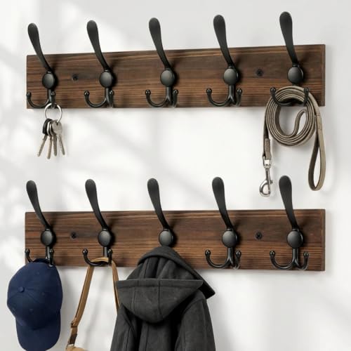 Wooden Coat Rack Wall Mount Heavy Duty, 2 Pack Coat Hanger Wall Mount with 5 Triple Hooks for Clothes, Jacket, Hat, Keys, Space Saving Entryway Organizer for Mudroom (Brown Plate & Black Hooks)