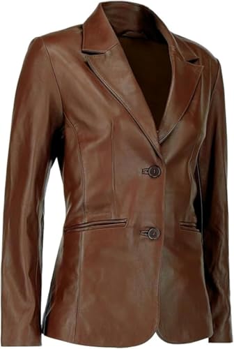 Women's Classic 2-Button Lambskin Leather Blazer - Casual Long Sleeve Leather Jacket