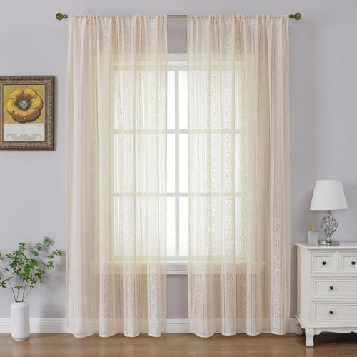 Gazal Vole Boho Crochet Curtains for Living Room and Doors – Shabby Chic Lace Window Drapes, Vintage Geometric Macrame Net Curtains, Sheer Liner for Bedroom, Rustic Style (Beige, 2 Panels)-55x96 inch