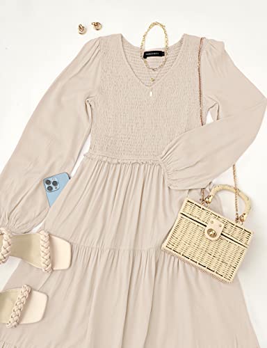 Merokeety Women's Long Sleeve Smocked Fall Dress A Line Tiered Midi Maxi Dress With Pockets,Beige,M #TOP5