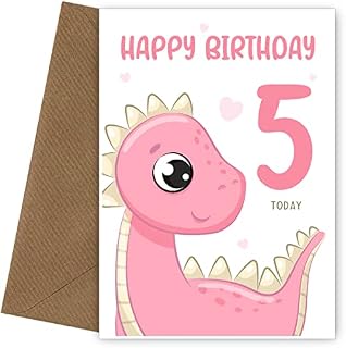 5th Birthday Card for Girl - 5 Year Old Birthday Card for Granddaughter, Daughter, Great Niece, Sister or Girls - Pink Dinosaur Birthday Card