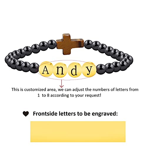 Image of Uloveido Black Agate Side Cross Bracelet Mustard Seed Charms, Personalized Letter A-Z Tiger's Eye Bangle Y944