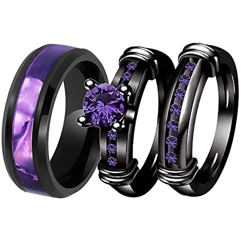 ringheart 3pcs Matching Rings His and Hers Ring Couple Rings Pruple Cz Womens Wedding Ring Sets Wedding Bands Cover