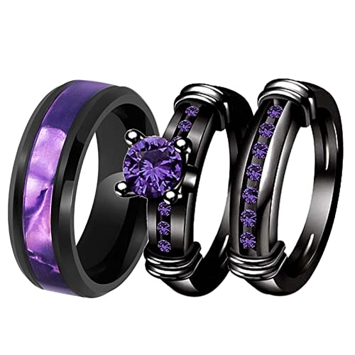 Lot de 3 bagues assorties en Pruple CZ pour elle et lui pour un mariage élégant