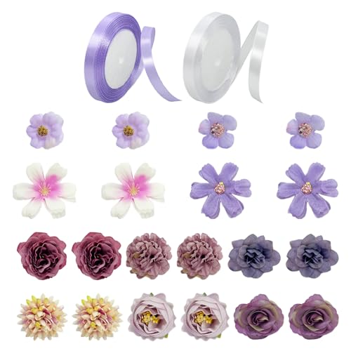 ZBHDEYG 20 Flores moradas, 2 Rollos de Cinta, Flores Artificiales Decorativas, Flores Artificiales Hechas a Mano, Flores Artificiales Hechas a Mano, Cabezas de Flores con Varias categorías, Flores