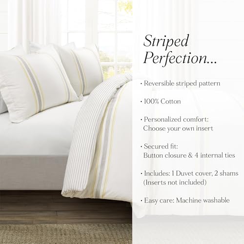 Image of Lush Decor Farmhouse Stripe Reversible Cotton Duvet Cover Set, 3 Piece Set, King, Yellow & Black - Bedding Set - Striped Duvet Cover King Size - Farmhouse Decor