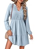Dokotoo Long Sleeve Dress for Women Lace Hollow Out Embroidered V Neck Sundress Spring Summer Business Casual Elastic High Waist Ruffle Tiered A-Line Flowy Soft Swing Mini Dress Light Blue Medium