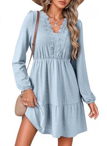 Dokotoo Long Sleeve Dress for Women Lace Hollow Out Embroidered V Neck Sundress Spring Summer Business Casual Elastic High Waist Ruffle Tiered A-Line Flowy Soft Swing Mini Dress Light Blue Medium