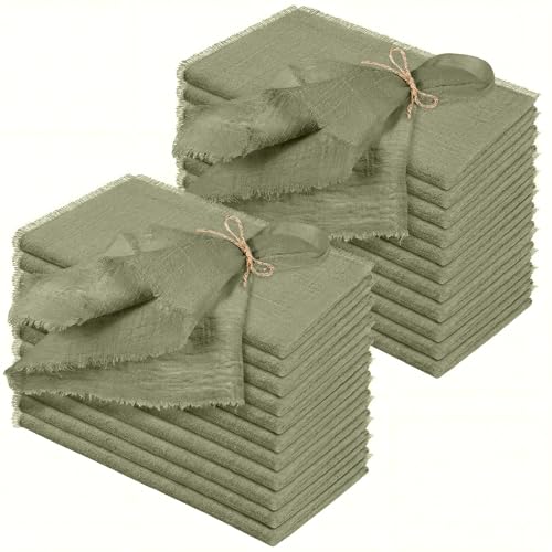 Preboun 24 Pcs Fringe Napkins Bulk Cloth Cotton Soft 17 x 17 Inch Rustic Reusable Washable Festive Square Table Napkins with Fringe for Parties Wedding Restaurant Table Accessory (Olive Green)