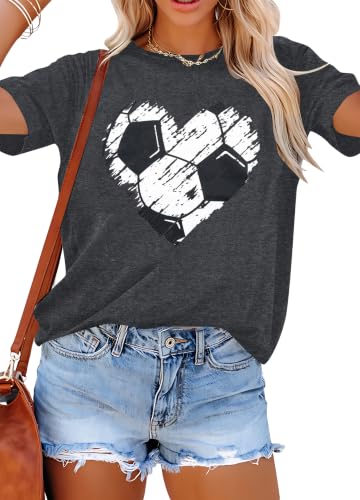 Image of MNLYBABY Soccer Shirts Women Soccer Heart Shirt Soccer Mom T-Shirt Soccer Ball Lovers Tee Football Short Sleeve Tops Grey, Medium