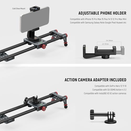 Image of NEEWER 24in /60cm Carbon Fiber Camera Slider with 360 Ball Head /Phone Clamp /Action Camera Mount, Dolly Rail Track with 4 Bearings & Adjustable Legs, Compatible with GoPro Insta360 iPhone Android, CS2M