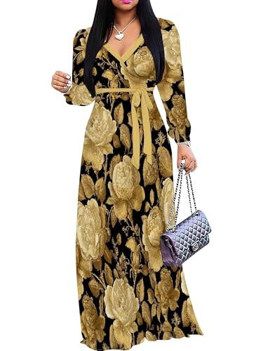 Image of SUZONANA Plus Size Dresses for Women Floral Print Maxi Dress Flowy 3 /4 Sleeve with Belt