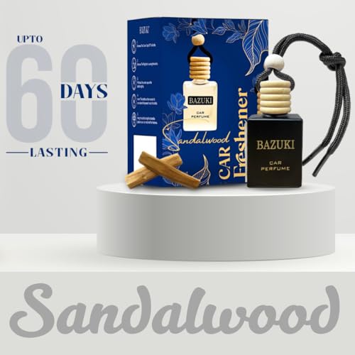 Image of Bazuki Car Perfume Hanging Pod 10 ml | Sandalwood Car Air Freshener with Essential Oils | Black Glass Bottle & Wooden Lid | Long Lasting Fragrance up to 60 Days | Refillable & Leak-Proof Design