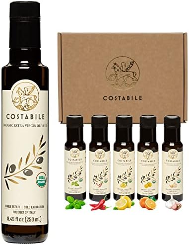 Gift Set of 5 infused olive oil (basil, garlic, lemon, orange & chili) & Classic Blend (8.45 Fl. Oz.). 100% Italian EVOO. Ideal gift for olive oil lovers. - COSTABILE