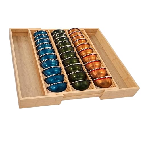 Bamboo Coffee Pod Holder Drawer – K Cup Organizer Compatible with Nespresso Vertuo Capsules, Holds 25-45 Pods – Stylish Storage for Coffee Station, Home Office, and Kitchen