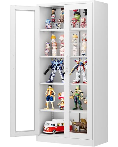 PEUKC Display Storage Cabinet with Glass Door, 71 Inches Metal Curio Cabinet with 4 Adjustable Shelves, Locking Glass Display Case for Home, Office, Clinic, Pantry, Assemble Required (White)