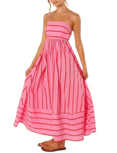 Image of NUFIWI Women Summer Striped Maxi Dress Spaghetti Strap Cutout Ruffle Long Dress Flowy Swing Beach Vocation Dress