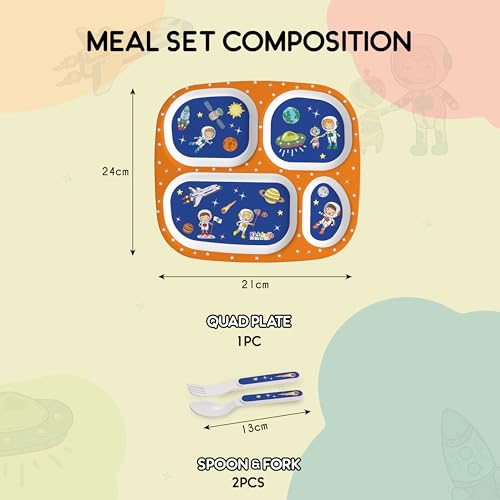Image of Cello Kidzbee Quadmeal Cosmic Explorer Melamine Meal Set for Kids | BPA Free and Food-Grade Material | Attractive and Kidfriendly Designs | Break Resistant & Durable Set | Set of 3, Navy Blue