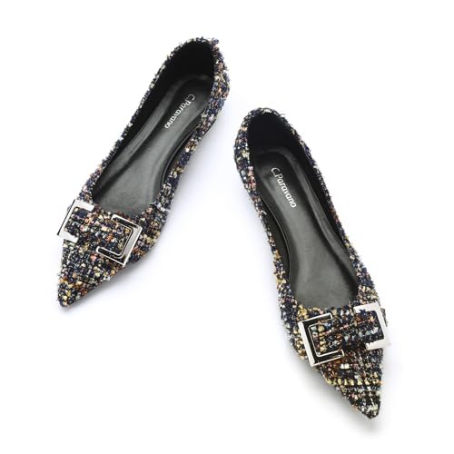 C.Paravano Pointed Toe Flats Women's Leather Ballet Flats with Square Metal Buckle for Work & Dressy Casual