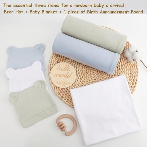 Image of BQUBO 3 Sets Cotton Baby Swaddle Blankets Swaddling Wrap with Hats Mittens Newborn Soft Silky Nursery Receiving Blanket Cute Bear Ears Hat Elastic Gloves Set for Unisex Baby 0-3 Months