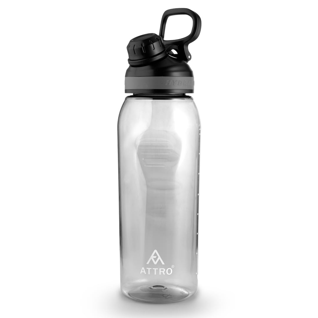 ATTRO Gym Mate - Botella de agua de 1 litro, sin BPA, a prueba de fugas, botella deportiva duradera con marcas de medición, tapa abatible y asa de transporte, color negro