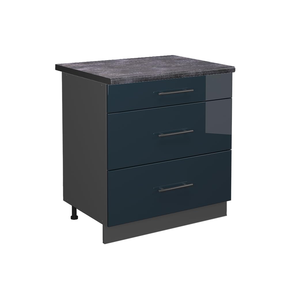 Vicco Meuble Cuisine Fame-​Line, Bleu foncé Brillant, 80cm avec 3 tiroirs, PT Anthracite, à Combiner avec d'autres modules de la série Fame-​Line