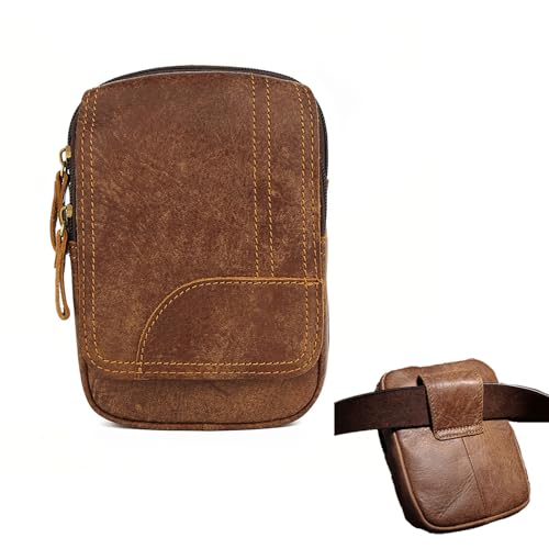 Craoopii Bolsa de cinturón de cuero genuino vintage para teléfono celular, riñonera para hombre, funda de bucle, monedero, monedero, bolsillo, Marrón, Vintage