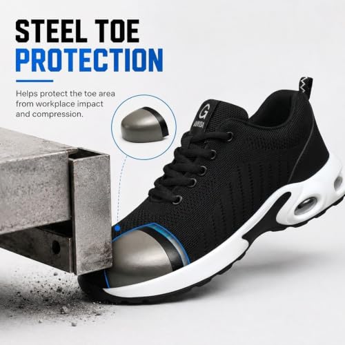 Image of GLANOUDUN Steel Toe Shoes for Men Lightweight Safety Toe Work Shoes Black | Anti Impact Toe Cap, Puncture Resistant, Wear resistant, Comfortable, Cushioned, Breathable, Construction Warehouse Logistics