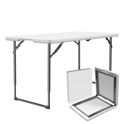 MAKE CHANGES Folding Table 4ft - Heavy Duty Fold-in-Half Plastic Table with Adjustable Height,...
