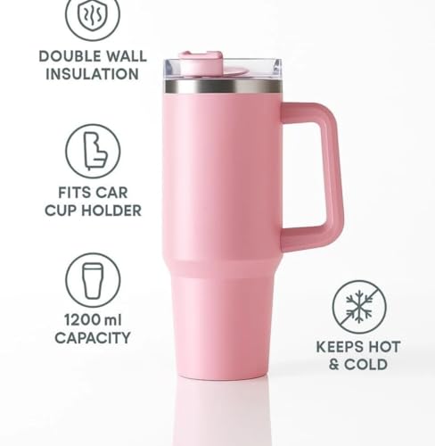 Image of Double Wall Insulated Stainless Steel Tumbler with Handle 1200ml | Travel Mug with Steel Straw| Hot & Cold Beverage Flask | Easy Carry Home, Office, Gym (Light Pink)