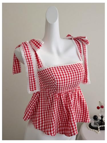 Milumia Women's Y2k Plaid Lace Trim Peplum Tank Top Square Neck Sleeveless Bow Tie Shoulder Tops2