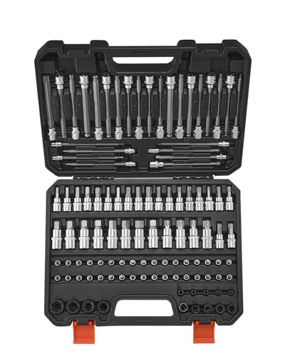 Image of VEVOR Bit Socket Set, 107-Piece SAE and Metric, Hex /Torx /External Torx /Tamper-Proof /Extra Long, S2 Alloy Steel and Cr-V Steel, 1 /4 in, 3 /8 in, and 1 /2 in Drives, with Enhanced Storage Case, Hand Use