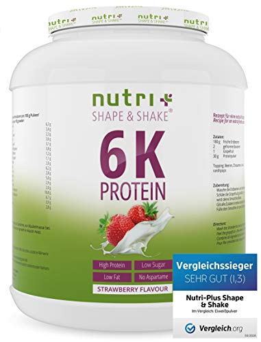 EIWEIßSHAKE ERDBEER 1kg - 6k-Protein-Pulver mit Soja - Erbse - Mandel - Sonnenblume - Reis - Weizen - Zuckerfrei und kalorienarm - Nutri-Plus Shape & Shake® Eiweißpulver Erdbeere