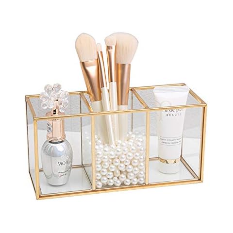 SLHEQING Makeup Brush Holder Glass and Brass Cosmetic Storage Organizer Makeup Storage for Brushes, Eyeliner, Pen , Lipstick and More (Gold A) Cover