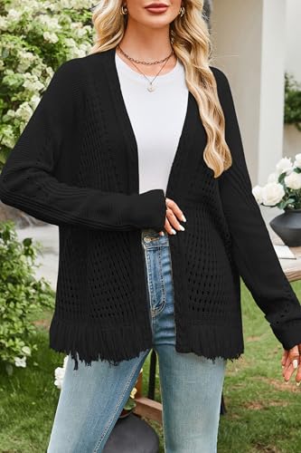Image of Cakulo Womens Crochet Fringe Cardigan Sweaters Oversized Lightweight Fall Open Front Cable Knit Cardigans 2025
