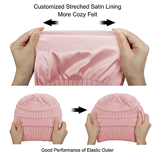 Mukeyo 2 Pack Womens Satin Lined Knit Beanie Hat Winter Warm Knitted Silk Lining Hat Soft Slouchy Cable Skull Cap Black & Pink #TOP5