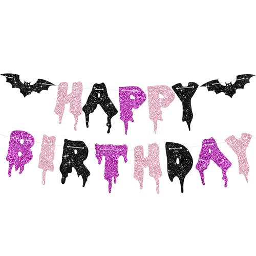 RICHHHA Glitter Pink Purple Black Happy Birthday Halloween Banner - NO DIY - Halloween Hanging Paper Garland Bunting Banner Decorations Party Supplies for Kids Boy Girl Birthday