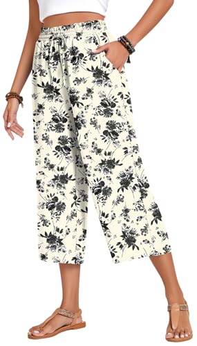 Image of Anyhold Women's Capri Pants Drawstring Casual Palazzo Trousers with Pockets Loose High Waisted Wide Leg Lounge Pants