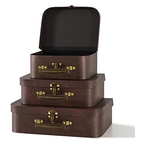 SLPR Paperboard Suitcases Set of 3, Brown Leather - Vintage Cardboard Suitcase Decor, Nesting Luggage Decorative Mache Boxes with Hinged Lids and Brass Handle, Mini Suitcases for Centerpieces Cover