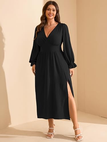 RWJ Plus Size Wedding Guest Dress for Women Deep V Neck Long Sleeve High Waist Slit Formal Cocktail Party Fall Maxi Dresses3